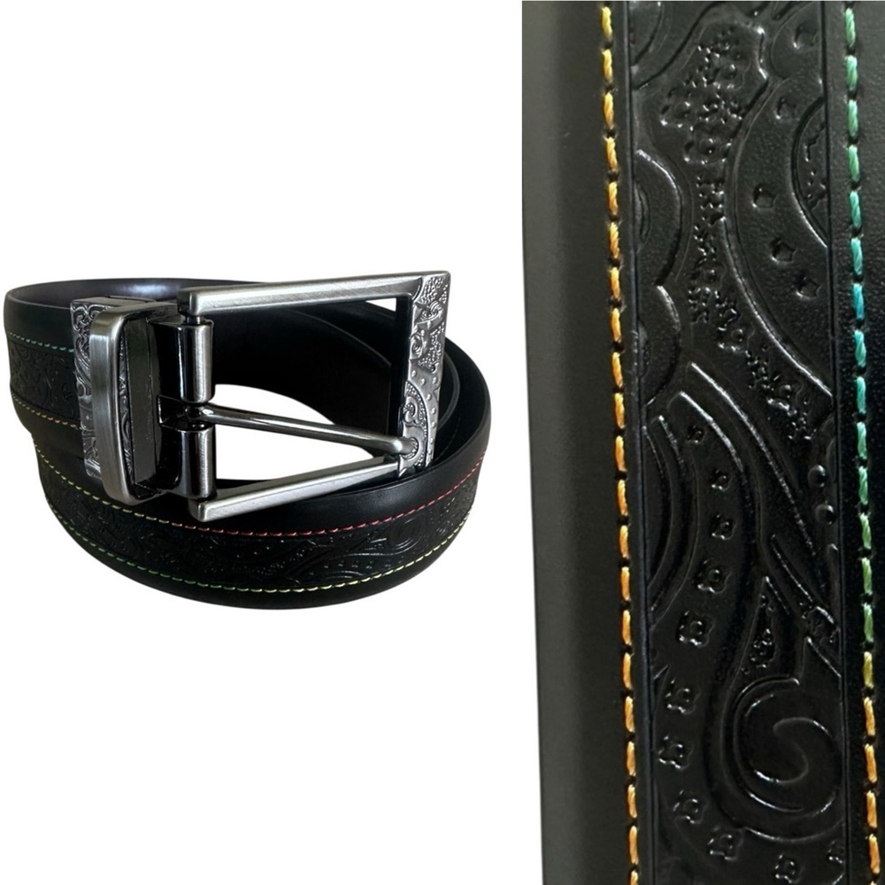 Robert Graham Multicolored Stitch Ornate Silver Buckle Belt